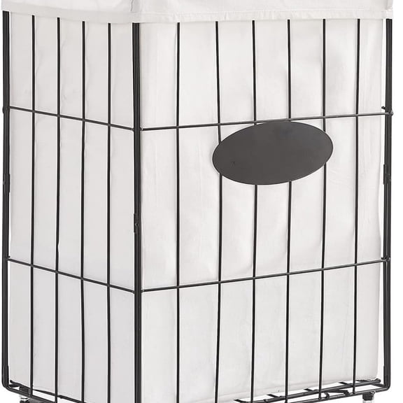 Iron Wire Laundry Hamper With Rolling Lockable Wheels, Folding Laundry Storage Basket with Handles,Detachable Liner Collapsible Dirty Laundry Cart Sorter Clothes Basket Organizer (23.6 inch)