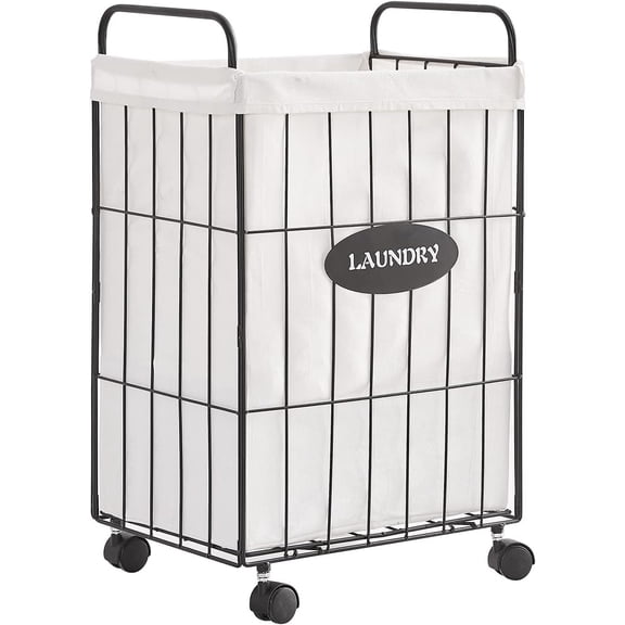 Iron Wire Laundry Hamper With Rolling Lockable Wheels, Folding Laundry Storage Basket with Handles,Detachable Liner Collapsible Dirty Laundry Cart Sorter Clothes Basket Organizer (23.6 inch)