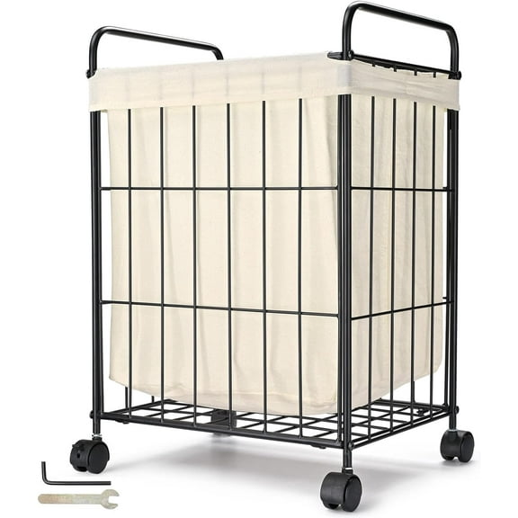 Iron Wire Laundry Hamper With Rolling Lockable Wheels, Folding Laundry Storage Basket with Metal Handles, Detachable Liner Bag Dirty Laundry Hamper Cart Sorter Clothes Basket Organizer
