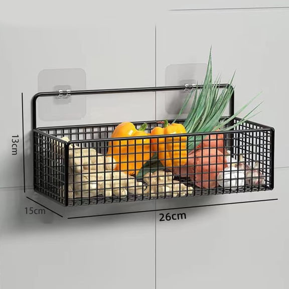 Iron Wire Wall Mounted Storage Basket with Adhesive Strips - Multifunctional Hanging Bin for Kitchen & Bathroom Organization