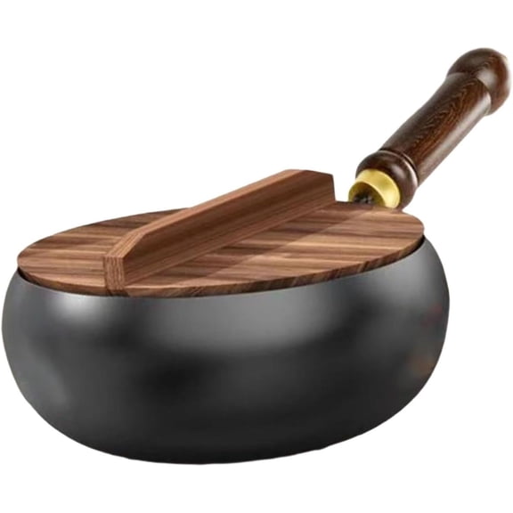 Iron Wok Flat Bottom Wooden Handle No Coating Boiling Gas Frying Pan Chinese Wok for Camping Home Kitchen Restaurant Hotel, Wooden lid, 28cm