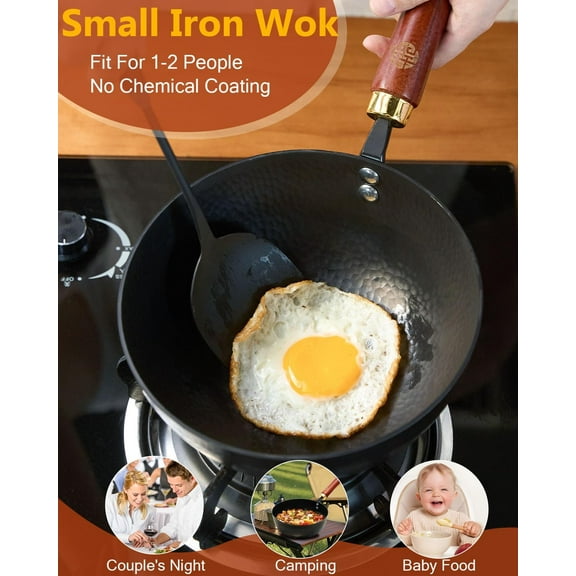 Wangyuaji Iron Wok, Non-Coated Small Stir-Fry Pan with Lid and Spatula, 8.6-Inch Pure Iron Cookware for Induction, Gas, and Electric Stovetops