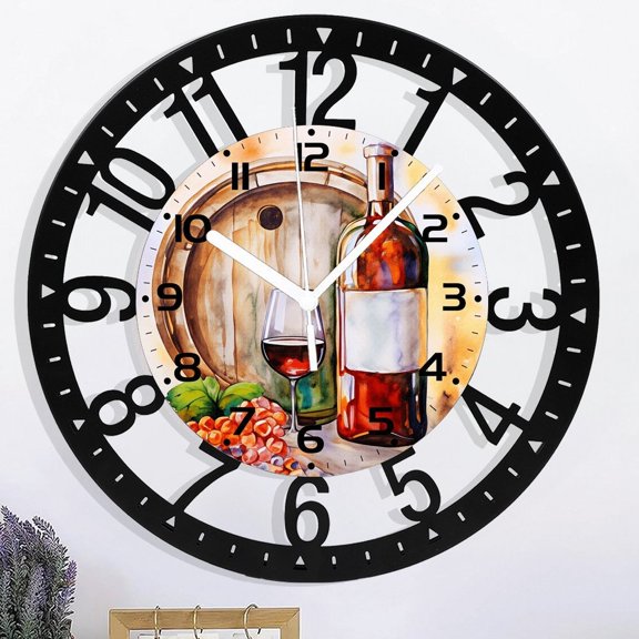 Iron Wooden Wall Clocks,Red Wine Wall Clock Decorative,Grapes Kitchen Wall Clock Battery Operated - 10 Inch Round Bathroom Wall Clocks Silent Non-Ticking Style 10×10inch(25×25cm)