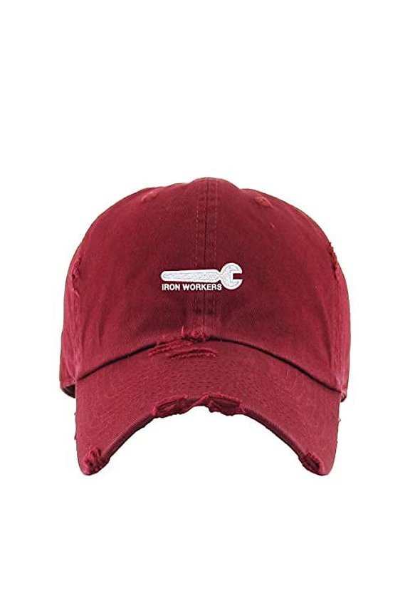Iron Workers Vintage Baseball Cap Embroidered Cotton Adjustable Distressed Dad Hat Maroon