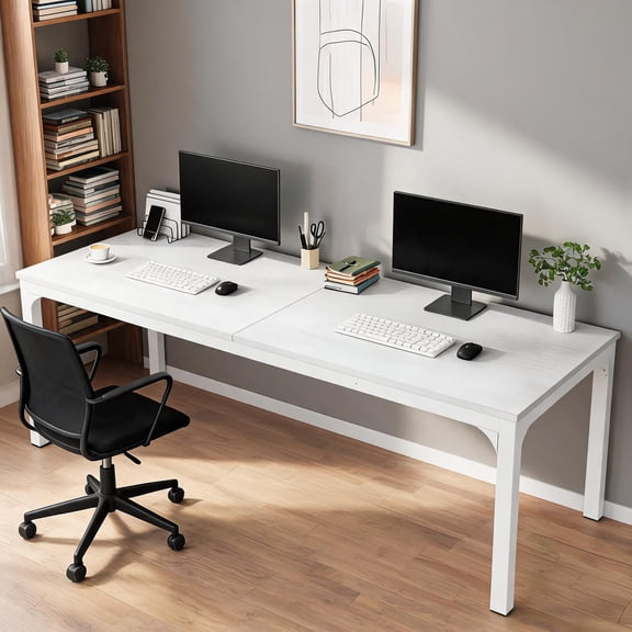 Iron and MDF Minimalist Dual Workspace Extra Long Rectangular Office Desk, White Finish
