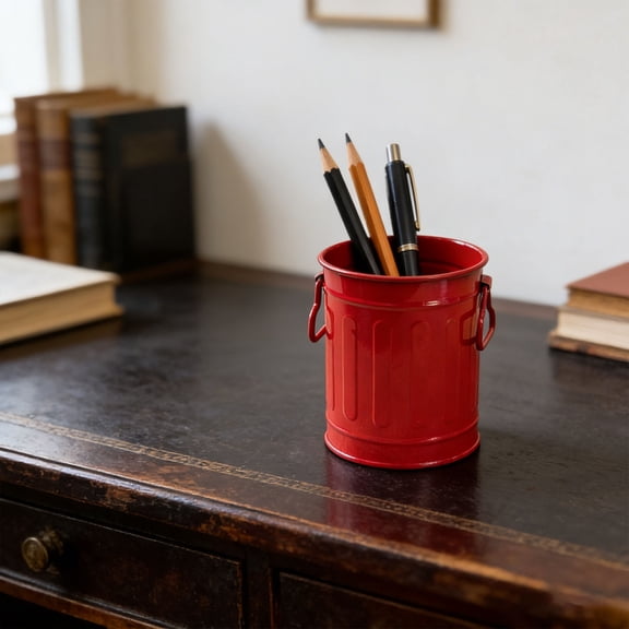 Iron desktop storage bucket in red-Small Metal Bucket With Handle Storage Tin For Desk Organizer Pen Holder Planter Home Decor