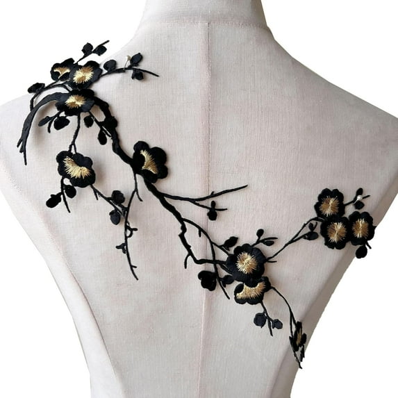 Iron on Blossom Plum Applique Patch Embroidery Flower Vines Appliques DIY Trim for Jeans Garment Costumes Black Color