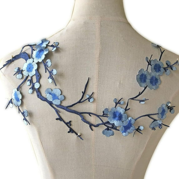 Iron on Blossom Plum Applique Patch Embroidery Flower Vines Appliques DIY Trim for Jeans Garment Costumes Blue Color
