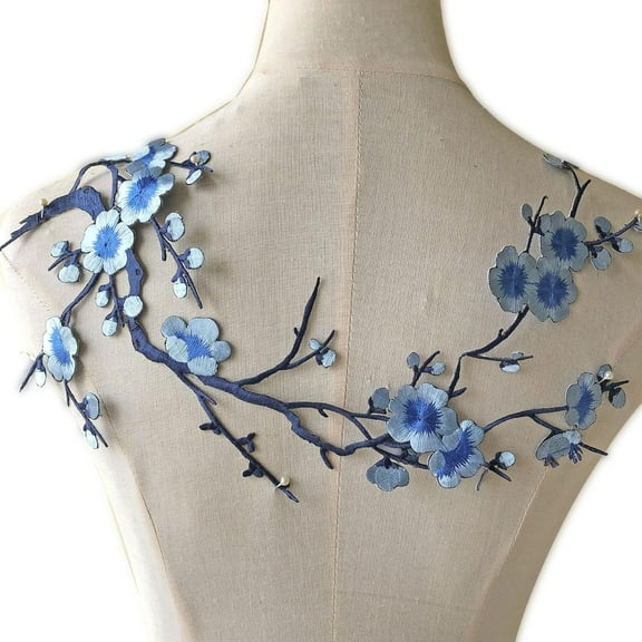 Iron on Blossom Plum Applique Patch Embroidery Flower Vines Appliques DIY Trim for Jeans Garment Costumes Blue Color