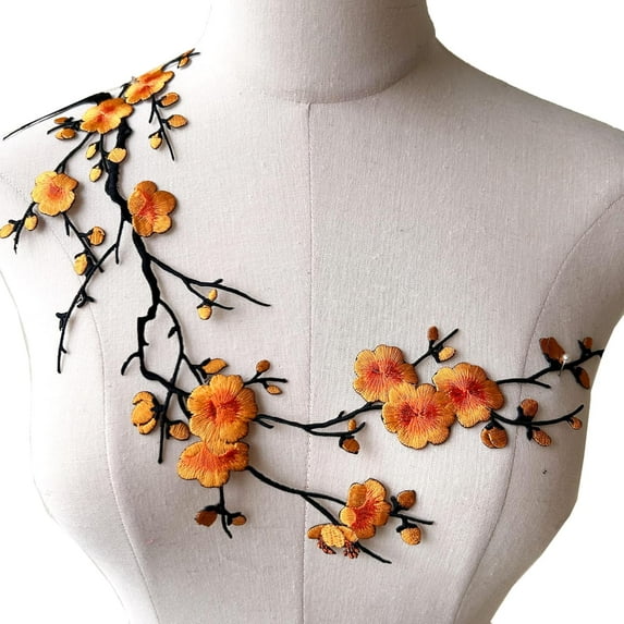 Iron on Blossom Plum Applique Patch Embroidery Flower Vines Appliques DIY Trim for Jeans Garment Costumes Yellow Color