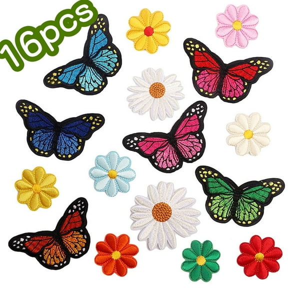 Iron on Patches Flowers & Butterfly Embroidery Applique Patches for Arts Crafts 16 Pcs