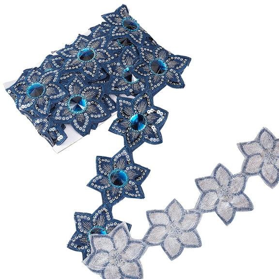 Iron on/Sew on Ethnic Style Embroidery Flower Polyester Lace Ribbons with Glass and Paillette Jacquard Ribbon Tyrolean Ribbon Garment Accessories Royal Blue 2-1/2 inch(65mm) 5 yards/card