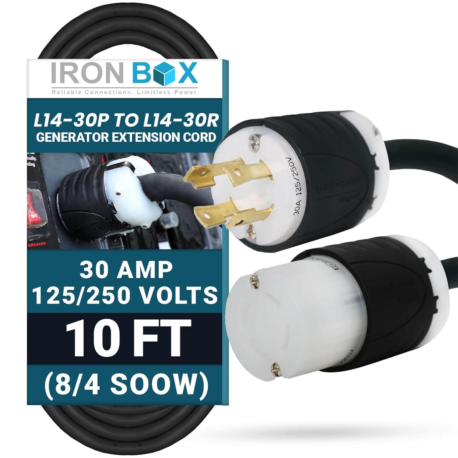 IronBox Electric - Heavy-Duty NEMA L14-30 Generator Extension Cord - L14-30P Plug to L14-30R Connector - Rated for 30 Amps 125/250V 8/4 SOOW 4 Prong Generator Cord - Power Cable for Generators(10 ft)