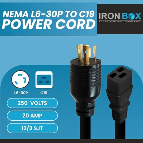 IronBox Electric NEMA L630P to C19 Power Cord 20Amp, 250V, 12/3 SJT