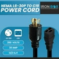IronBox Electric NEMA L630P to C19 Power Cord 20Amp, 250V, 12/3 SJT
