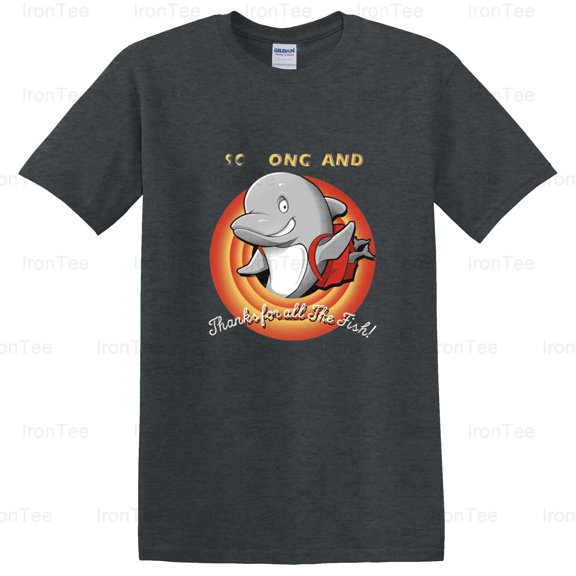 IronTee77 Thanks for the Fishes, Hitchhiker's Guide to the Galaxy, Dolphins, Sci-Fi Comedy T-Shirt, for Unisex, up to size 5XL.