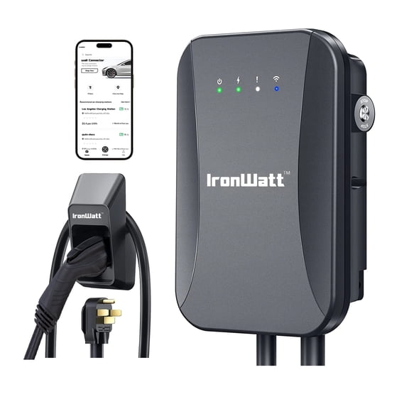 IronWatt Level 2 Commercial EV Charging Station, 240V 40A, J1772 Connector 25ft Cable, Wall-Mount, Smart Payment