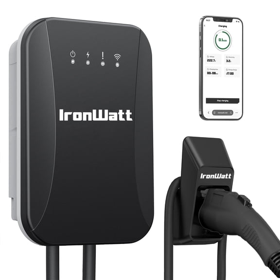 IronWatt Home EV Charger 9.6kW J1772 Electric Vehicle 6-40A Current Adjust Smart App Control IP65