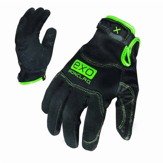 EXO Mechanics Gloves, Embossed Synthetic Leather Palm, Polyester Back, L, Black/Green