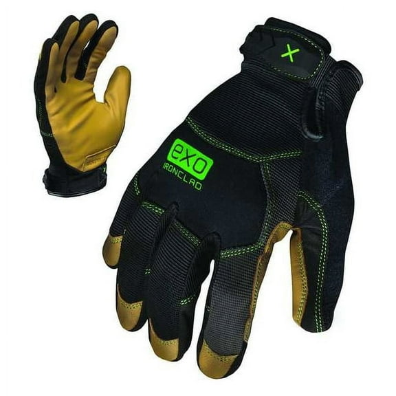 EXO Mechanics Gloves, Genuine Leather Palm, Polyester Back, S, Black/Gold