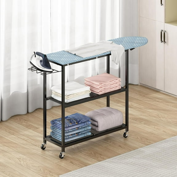 Ironing Board with 2 Tier Storage Basket, Movable Ironing Board Full Size for Iron Rest & Clothes, Tabletop Ironing Boards, Ironing Stand Iron Boards Ironing Table Rustic