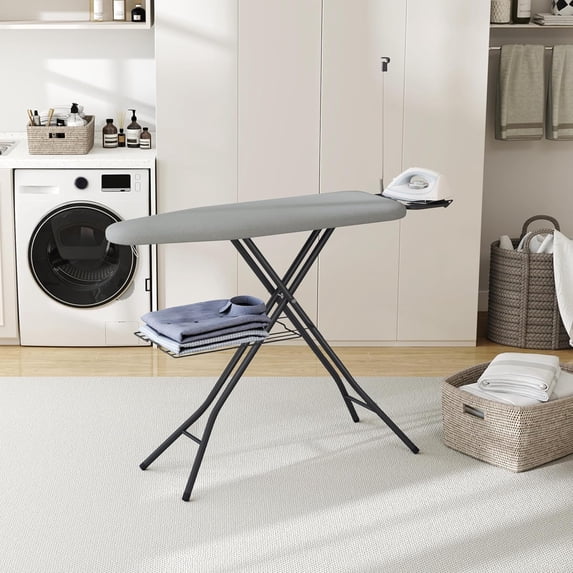 Ironing Board, Compact Iron Board with Cord Holder, Steam Iron Rest and Bottom Storage Tray, 9 Adjustable Heights & 3 Layer Cover, Folding Heavy Duty Ironing Board 52X14, Gray