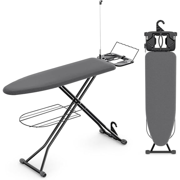 Ironing Board, Compact Iron Board Full Size with Extra Thick Cover, 7 Adjustable Heights Stand with Hanger and Iron Rest, Large Heavy Duty Ironing Board with Storage Tray, 13x43 Black