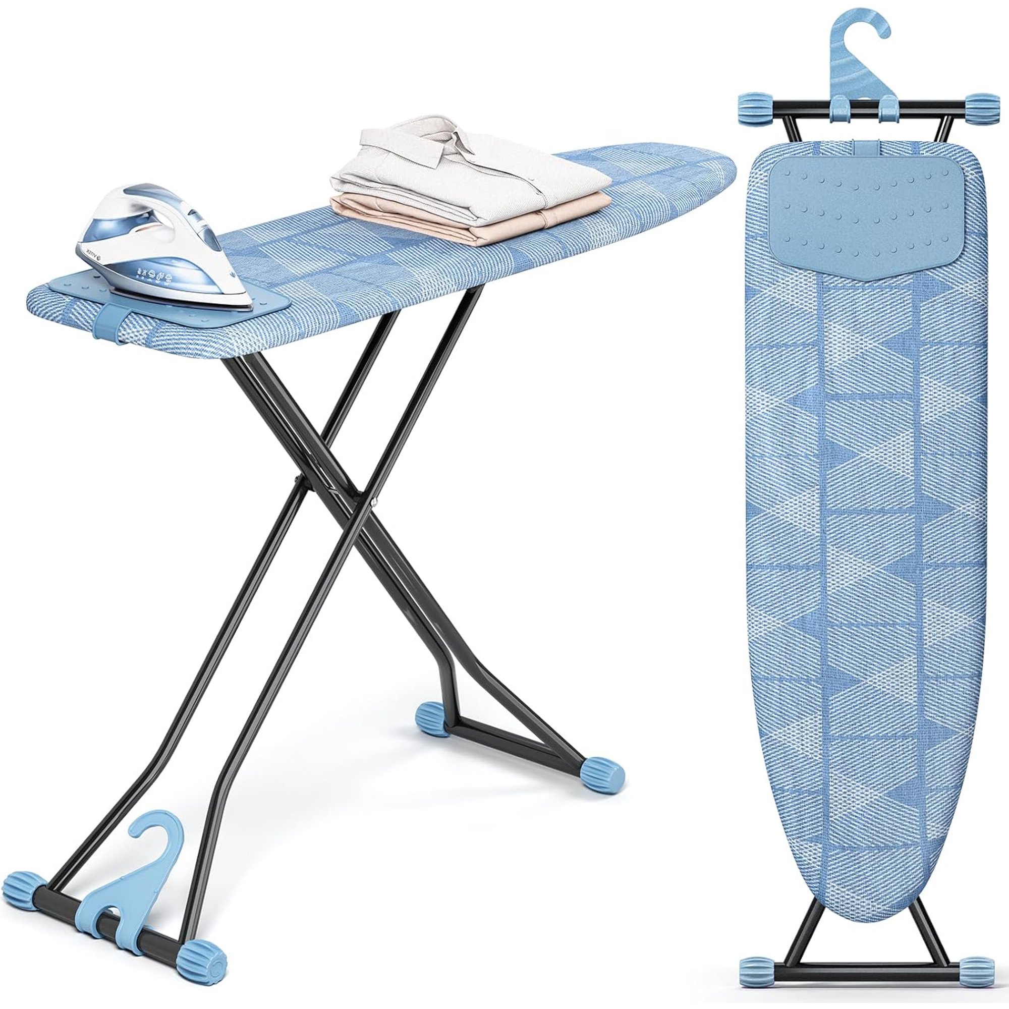 Ironing Board, Compact Iron Board with Silicon Iron Mat, Heat Resistant Cover, 7 Height Adjustable, Foldable Ironing Board Wall Mount Hanger, 13x43 Blue