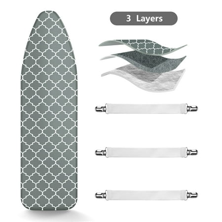 Ironing Board Cover, 15" x 54" Replacement Iron Board Cover with Elastic Fit, Silicone Coated, Stick Scorch Stain Resistant, Extra Thick Pad, Heat Reflective, 3pcs Adjustable Fasteners for Ironing