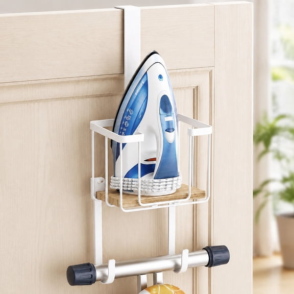 Ironing Board Hanger Over Door & Wall Mount, Heavy Duty 2-in-1 Ironing Board Holder with Storage Basket, Space Saving Laundry Room Organizer, Fits T/Y Boards