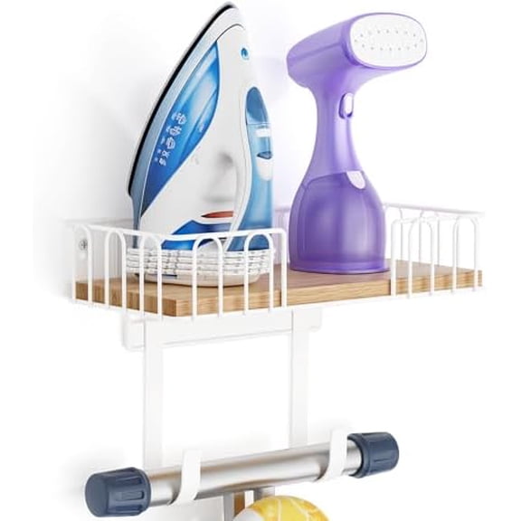 Ironing Board Hanger Metal Wall Mount Iron and Ironing Board Holder, Laundry Room Decor and Storage with Large Storage White Wooden Base Basket and Removable Hooks
