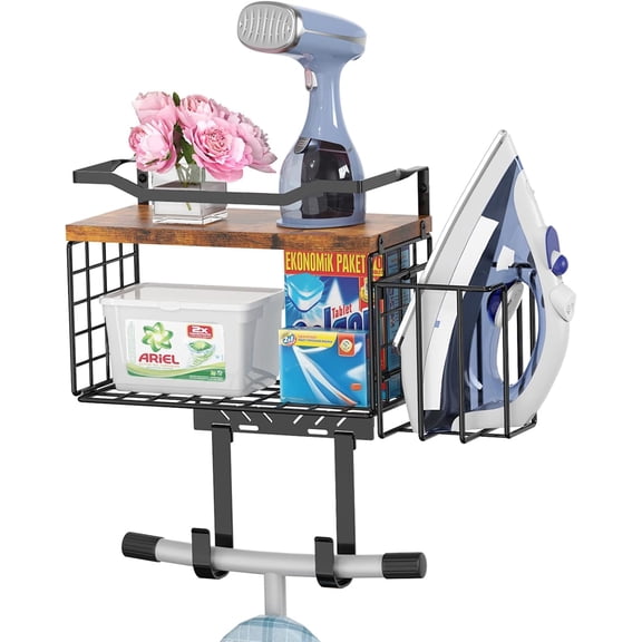 Ironing Board Hanger, T&Y Iron Board Holder Wall Mount with Ironing Caddy, Metal Ironing Board Holder Storage Organizer, Floating Wood Shelf for Laundry Room Decor Accessories Organization