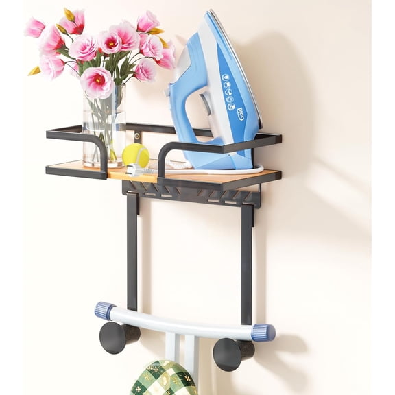 Ironing Board Hanger Wall Mount with Natural Wood-Texture Shelf, Adjustable Iron Board Holder for T & Y Leg Boards, Heavy Duty Laundry Room Organization and Storage Rack, Black