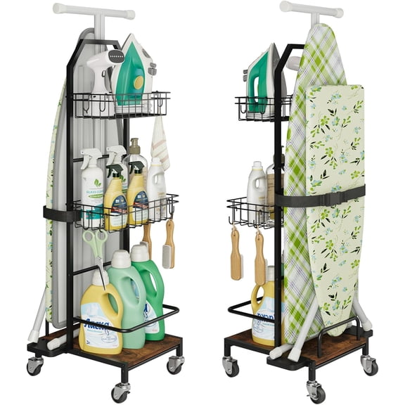 Ironing Board Holder Cart for Small & Narrow Laundry Rooms, Freestanding Iron & Ironing Board Storage Rack for T & X Boards with 3-Tier Shelves, Rolling Metal Wheels, Hooks, No Wall Mount