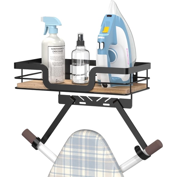 Ironing Board Holder Wall Mount with Iron Rest, Space Saving Laundry Room Organizer, T&V Shaped Ironing Board Hanger Rack with Wooden Shelf & Removable Hooks, Black