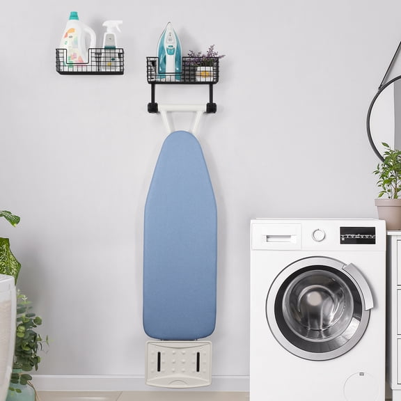 Ironing Board Wall Mount Holder with Shelf (2-Pack)  Heavy Duty Metal Iron Rack and Storage Basket for Laundry Room, Black