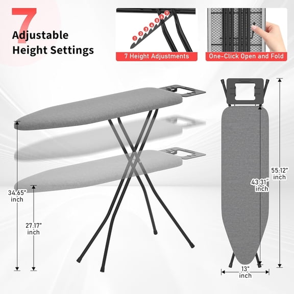 Ironing Board with Iron , 7 Adjustable Heights, 43x13 Inch Standard Size, 4-Layer Heat Resistant Cover for Home Laundry