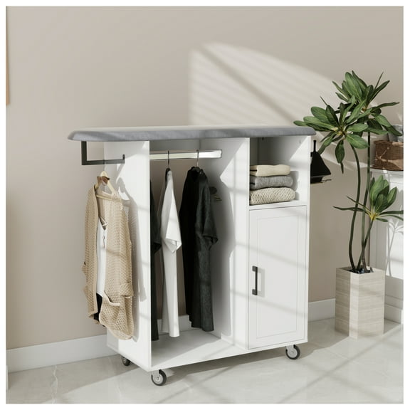 Ironing Cart with Rolling Board, White Laundry Cabinet, Compact Ironing Station for Home