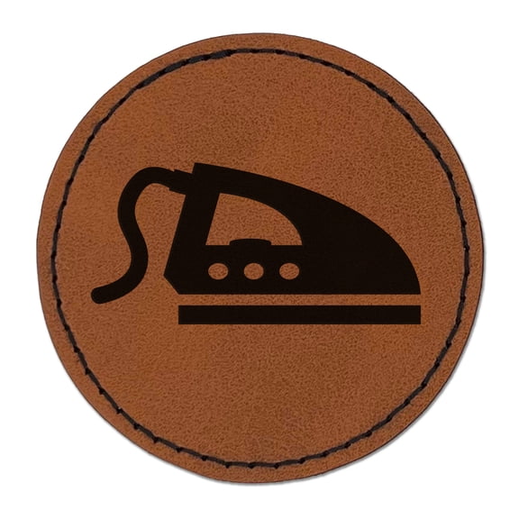 Ironing Icon 2.5" Faux Leather Round Engraved Iron-On Patch - Brown