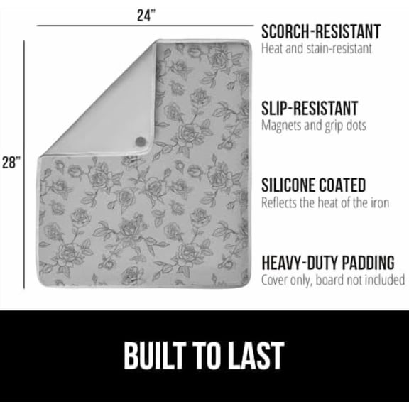 Ironing Mat, Portable Iron Pad, Magnetic Cover for Top of Laundry Washer, Dryer, Tabletop, Countertop Padded Blanket, Silicone Coating and Scorch Resistant, Travel Size 28x24, Gray Floral