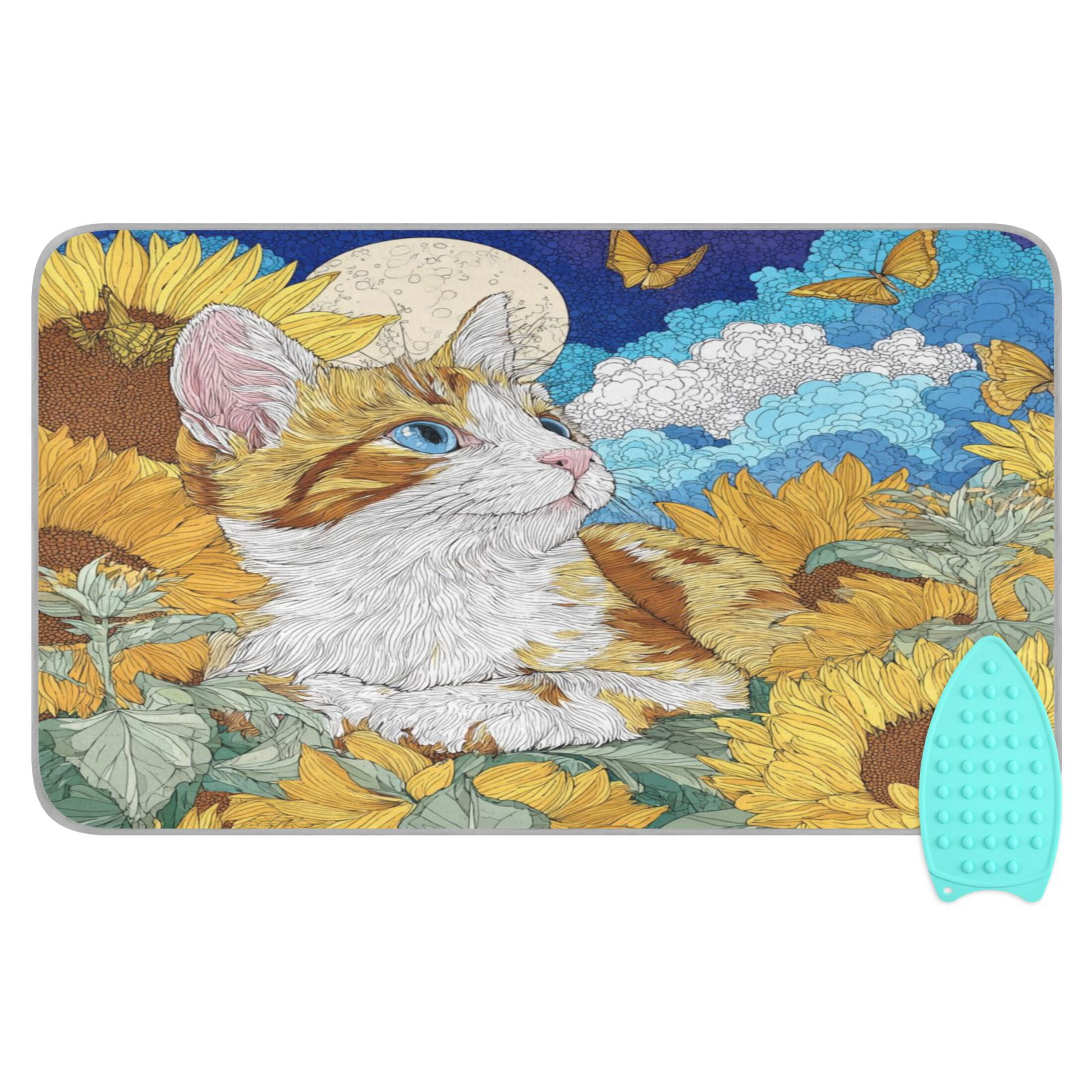 Ironing Mat Portable Ironing Blanket for Table Top Travel Ironing Pad for Washer Dryer 27.6" x 47.2" Cat Lies in The Sunflowers