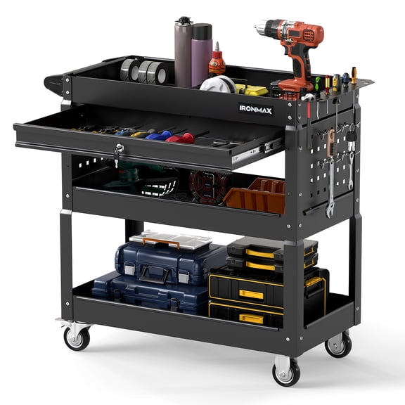 Ironmax 3 Tier Rolling Tool Cart with Lockable Drawer, Pegboards & Hooks for Garage Black