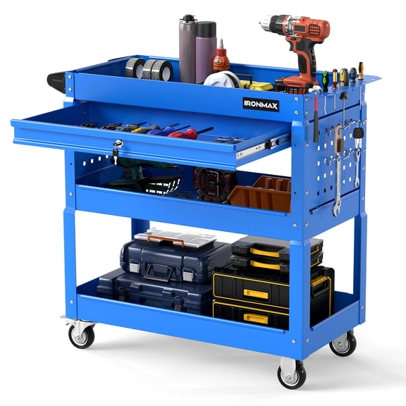 Ironmax 3 Tier Rolling Tool Cart with Lockable Drawer, Pegboards & Hooks for Garage Blue