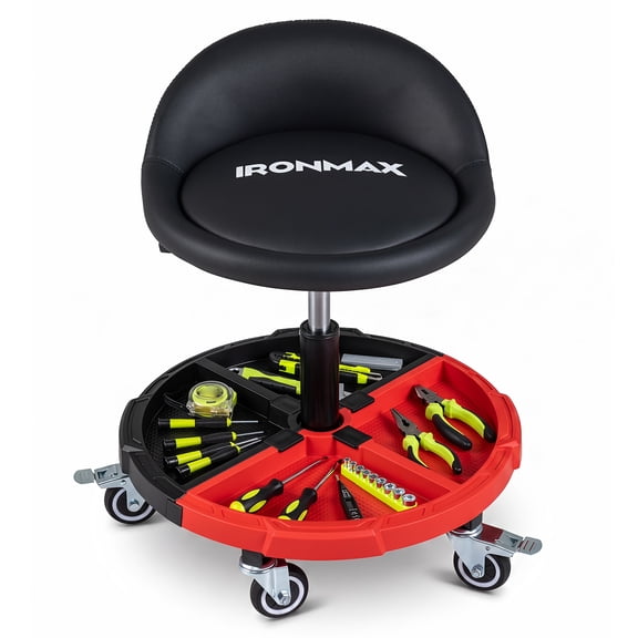 Ironmax 360° Rolling Mechanic Stool with Tool Storage Tray, Backrest, Lockable Wheels one-Tier Red