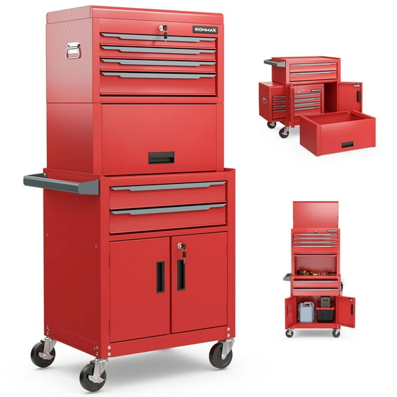 Costway Ironmax 6-Drawer Rolling Tool Chest 3-in-1 Heavy-Duty Storage Cabinet with Universal Wheels Red