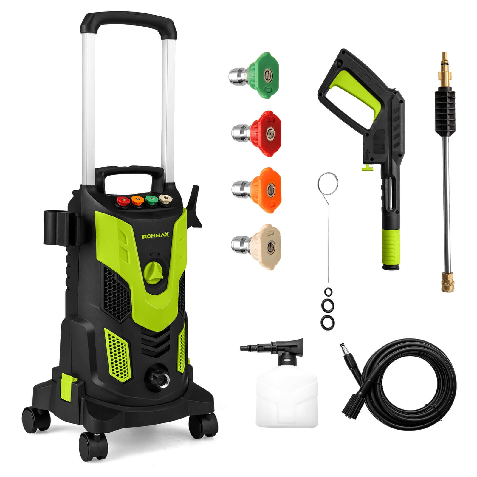 Ironmax Electric Pressure Washer with 4 Nozzles & Soap Bottle Lockable Wheels for Cleaning Green