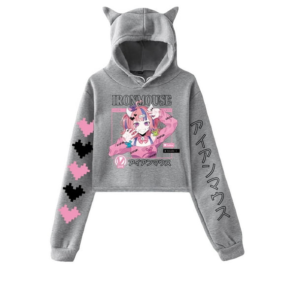Ironmouse Cute Hoodie Sweatshirt for Girls Cat Ear Crop Top Women Casual Girl Youth Streetwear