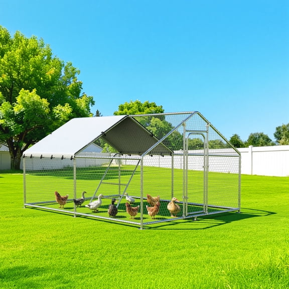 Ironovahome 13.2'x9.8' Large Metal Chicken Coop Run for 10 Poultry with Galvanized Steel Frame and Waterproof Cover, Outdoor Walk-in Poultry Cage Hen House for Yard Farm, Spire Roof