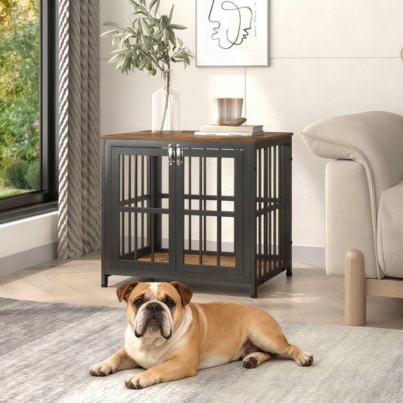 Ironovahome 26" Heavy Duty Dog Crate Furniture, Chew-Proof & Escape-Proof Wooden Dog Cage with Safe Locks & Double Doors, Indoor Dog Kennel Pet House for Small Dogs Up to 10lb, Brown