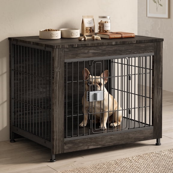 Ironovahome 27" Furniture-Style Dog Crate for Small Dogs, Heavy Duty Wooden Dog Cage with Double Doors & Safe Locks, Breathable Wire Mesh, Indoor Dog Kennel Pet Crate, Dark Gray